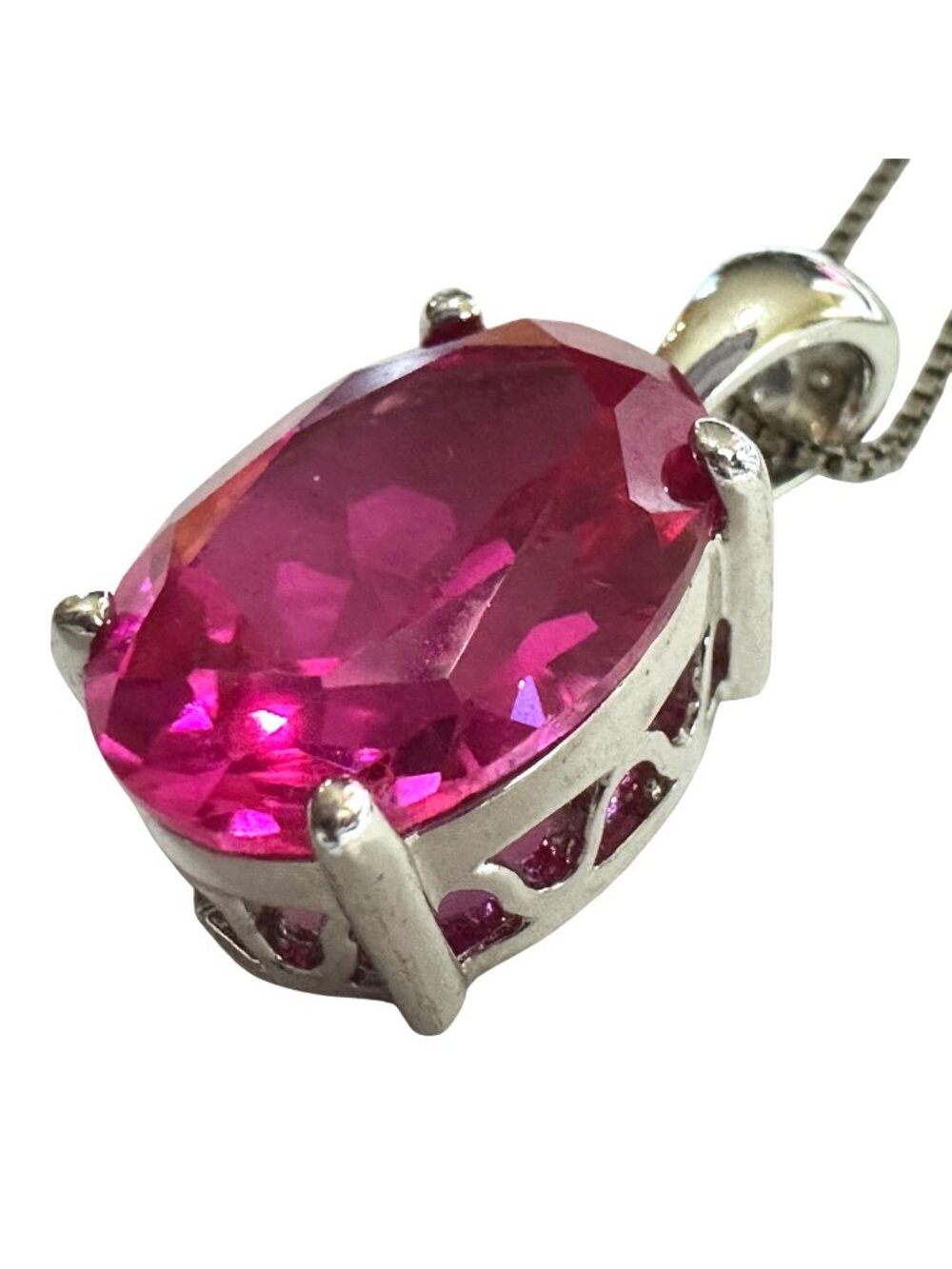 Sterling Silver Necklace With Oval Pink Sapphire Pendant Signed RSP Italy 925